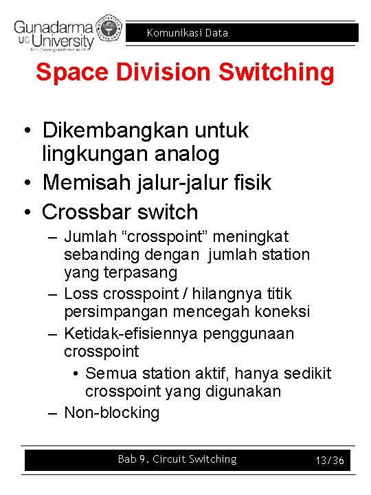 Komunikasi Data Space Division Switching • Dikembangkan untuk lingkungan analog • Memisah jalur-jalur fisik