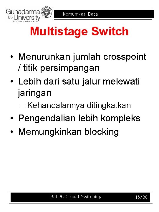 Komunikasi Data Multistage Switch • Menurunkan jumlah crosspoint / titik persimpangan • Lebih dari