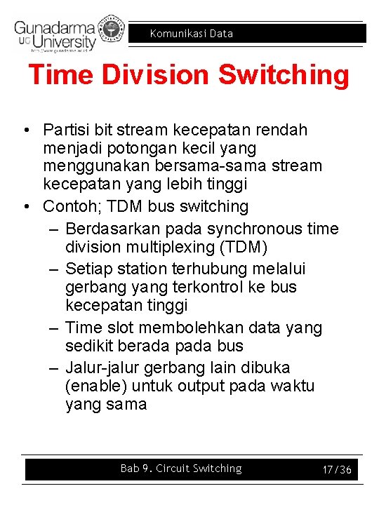 Komunikasi Data Time Division Switching • Partisi bit stream kecepatan rendah menjadi potongan kecil
