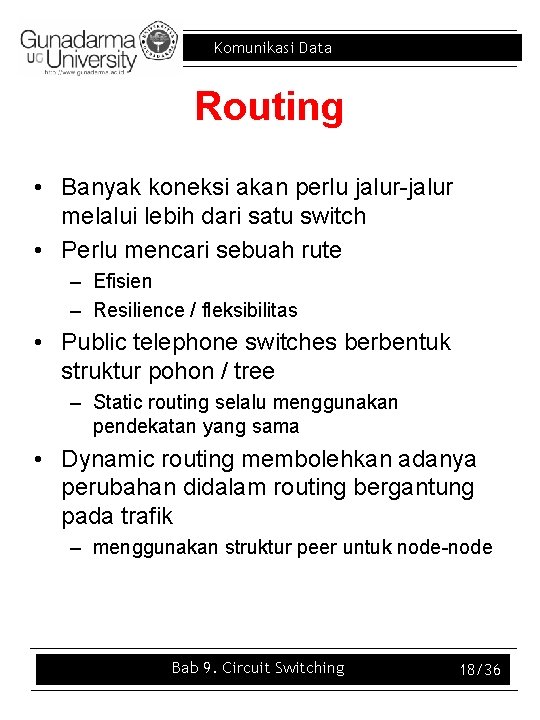 Komunikasi Data Routing • Banyak koneksi akan perlu jalur-jalur melalui lebih dari satu switch