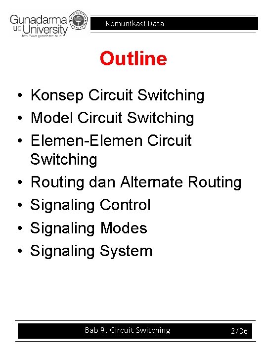 Komunikasi Data Outline • Konsep Circuit Switching • Model Circuit Switching • Elemen-Elemen Circuit