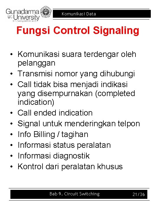 Komunikasi Data Fungsi Control Signaling • Komunikasi suara terdengar oleh pelanggan • Transmisi nomor