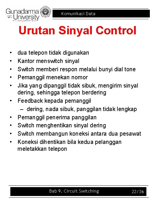 Komunikasi Data Urutan Sinyal Control • • • dua telepon tidak digunakan Kantor menswitch