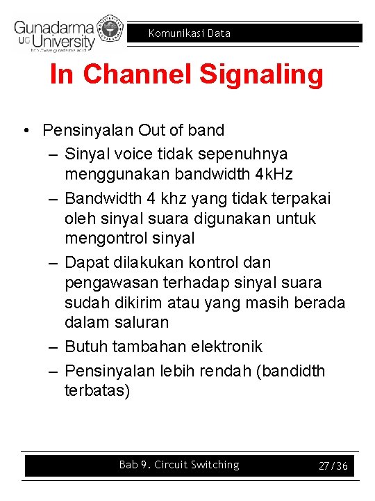 Komunikasi Data In Channel Signaling • Pensinyalan Out of band – Sinyal voice tidak