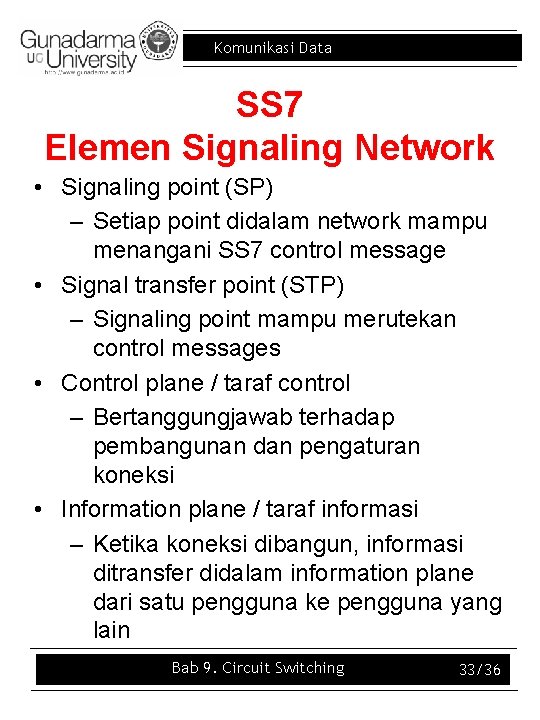 Komunikasi Data SS 7 Elemen Signaling Network • Signaling point (SP) – Setiap point