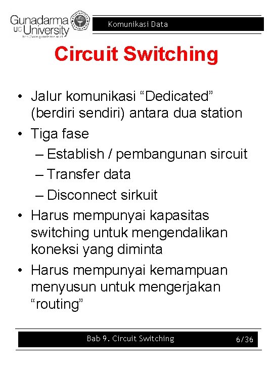 Komunikasi Data Circuit Switching • Jalur komunikasi “Dedicated” (berdiri sendiri) antara dua station •