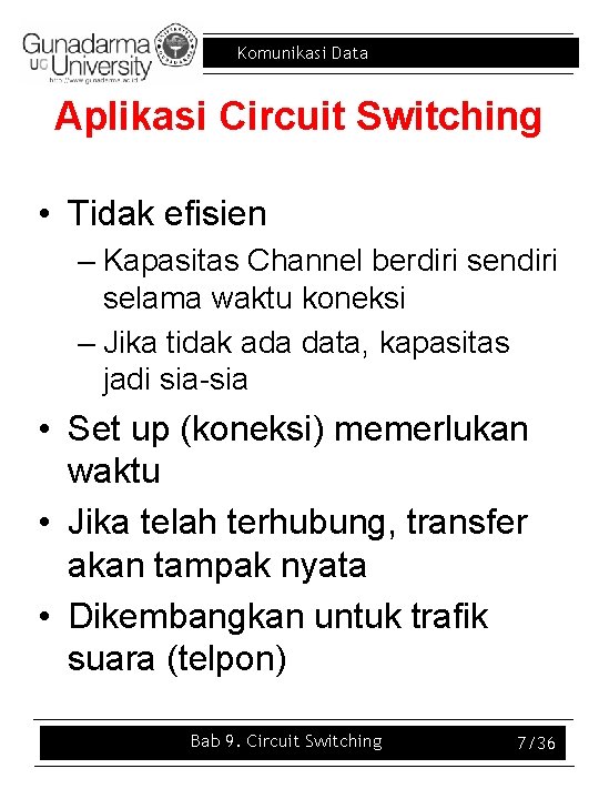 Komunikasi Data Aplikasi Circuit Switching • Tidak efisien – Kapasitas Channel berdiri sendiri selama