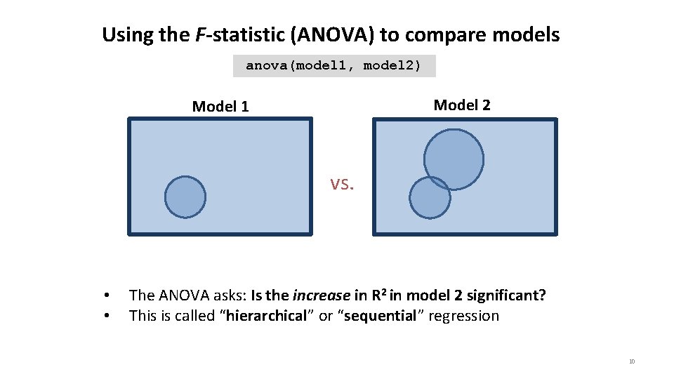 Using the F-statistic (ANOVA) to compare models anova(model 1, model 2) Model 2 Model