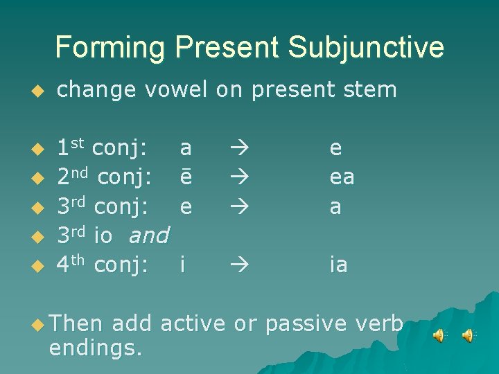 Forming Present Subjunctive u u u change vowel on present stem 1 st conj: