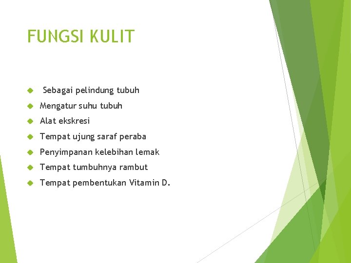 FUNGSI KULIT Sebagai pelindung tubuh Mengatur suhu tubuh Alat ekskresi Tempat ujung saraf peraba