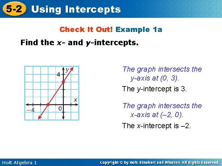 5 -2 Using Intercepts Check It Out! Example 1 a Find the x- and