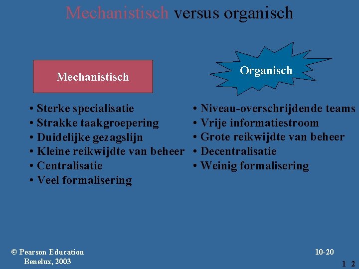 Mechanistisch versus organisch Mechanistisch • Sterke specialisatie • Strakke taakgroepering • Duidelijke gezagslijn •