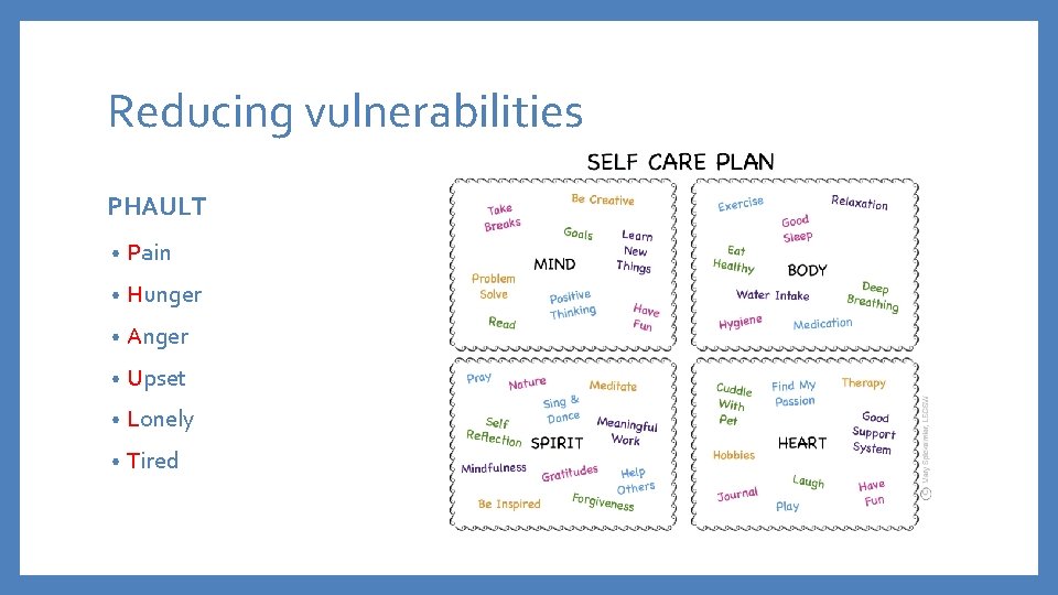 Reducing vulnerabilities PHAULT • Pain • Hunger • Anger • Upset • Lonely •