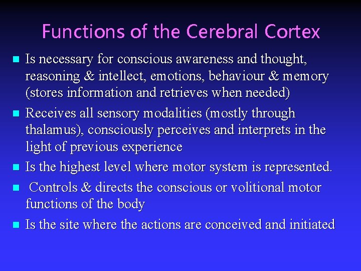 Functions of the Cerebral Cortex n n n Is necessary for conscious awareness and