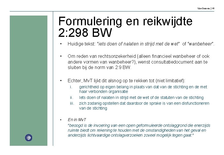 Van Doorne | 16 Formulering en reikwijdte 2: 298 BW • Huidige tekst: “iets