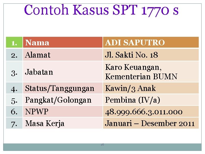 Contoh Kasus SPT 1770 s 1. Nama ADI SAPUTRO 2. Alamat Jl. Sakti No.