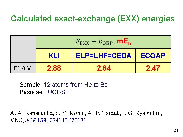 Calculated exact-exchange (EXX) energies m. a. v. KLI ELP=LHF=CEDA ECOAP 2. 88 2. 84