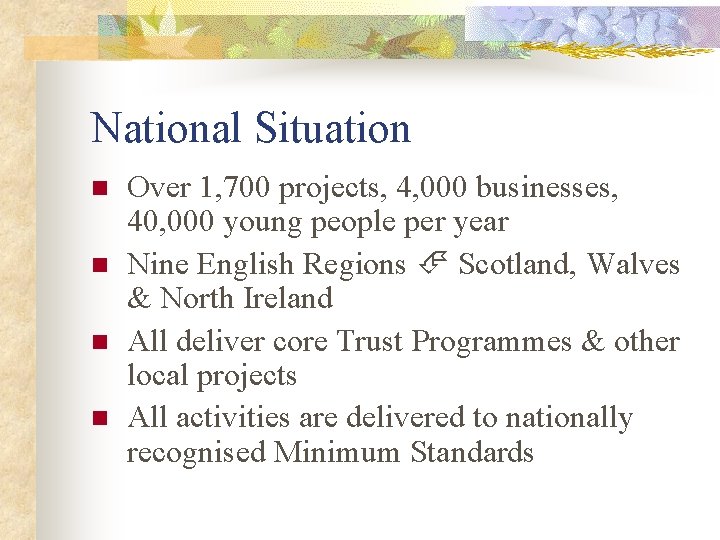 National Situation n n Over 1, 700 projects, 4, 000 businesses, 40, 000 young