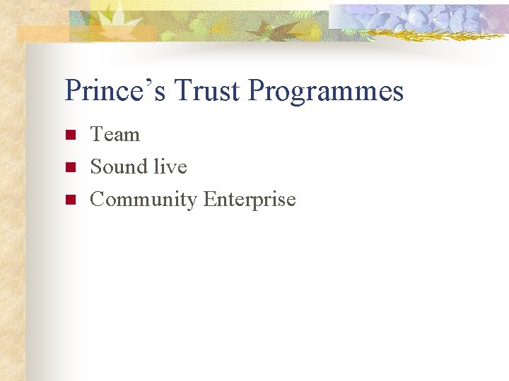 Prince’s Trust Programmes n n n Team Sound live Community Enterprise 