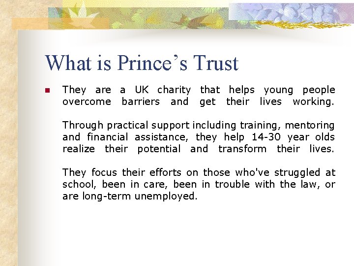 What is Prince’s Trust n They are a UK charity that helps young people