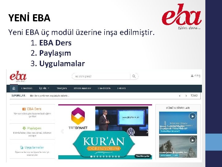 YENİ EBA Yeni EBA üç modül üzerine inşa edilmiştir. 1. EBA Ders 2. Paylaşım