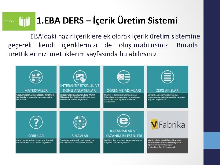 1. EBA DERS – İçerik Üretim Sistemi EBA’daki hazır içeriklere ek olarak içerik üretim