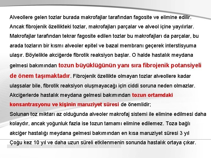 Alveollere gelen tozlar burada makrofajlar tarafından fagosite ve elimine edilir. Ancak fibrojenik özellikteki tozlar,