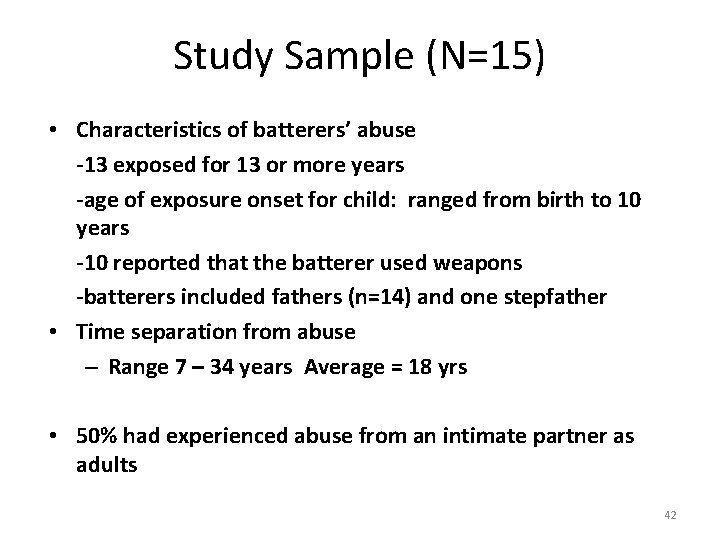 Study Sample (N=15) • Characteristics of batterers’ abuse -13 exposed for 13 or more