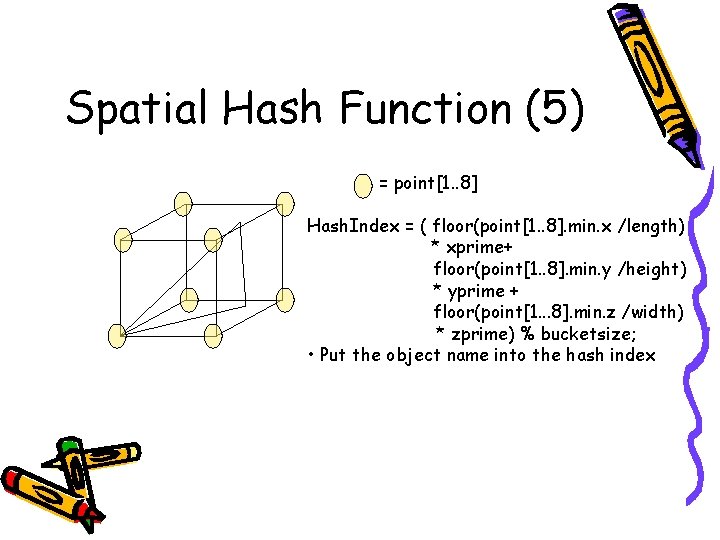 Spatial Hash Function (5) = point[1. . 8] Hash. Index = ( floor(point[1. .