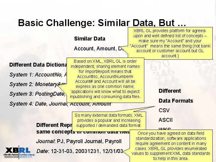 Basic Challenge: Similar Data, But … XBRL GL provides platform for agreedupon and well