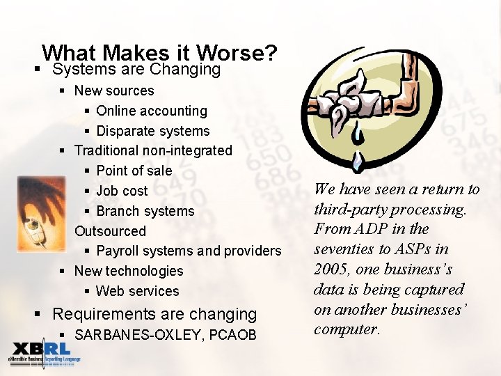 What Makes it Worse? § Systems are Changing § New sources § Online accounting