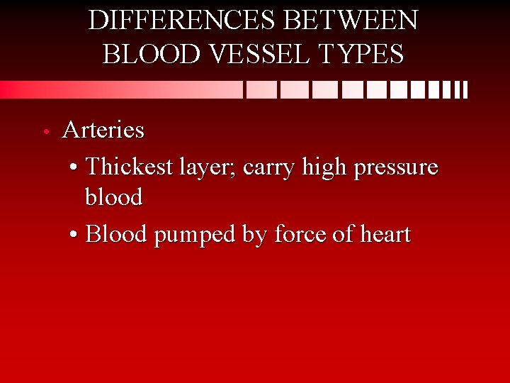 DIFFERENCES BETWEEN BLOOD VESSEL TYPES • Arteries • Thickest layer; carry high pressure blood