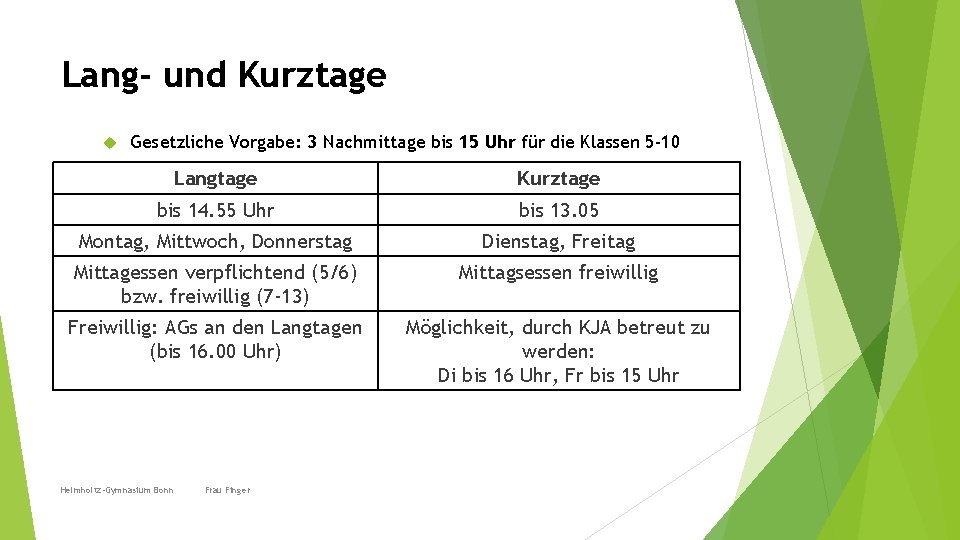 Lang- und Kurztage Gesetzliche Vorgabe: 3 Nachmittage bis 15 Uhr für die Klassen 5