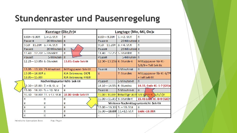 Stundenraster und Pausenregelung Helmholtz-Gymnasium Bonn Frau Finger 