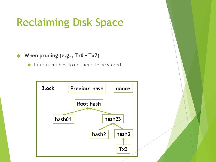 Reclaiming Disk Space When pruning (e. g. , Tx 0 – Tx 2) Interior