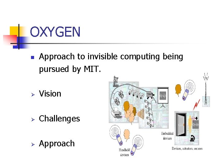 OXYGEN n Approach to invisible computing being pursued by MIT. Ø Vision Ø Challenges
