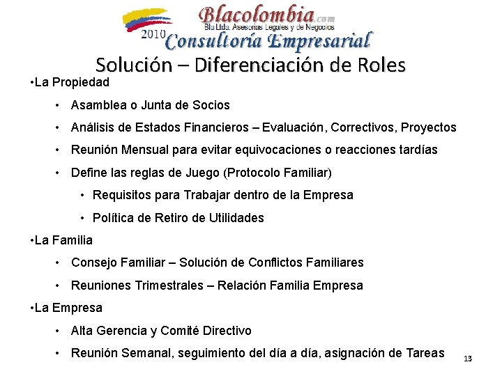 Solución – Diferenciación de Roles • La Propiedad • Asamblea o Junta de Socios