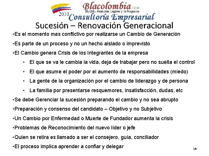 Sucesión – Renovación Generacional • Es el momento mas conflictivo por realizarse un Cambio