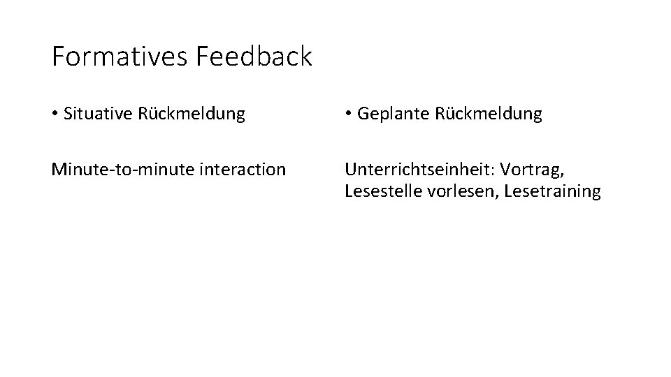 Formatives Feedback • Situative Rückmeldung • Geplante Rückmeldung Minute-to-minute interaction Unterrichtseinheit: Vortrag, Lesestelle vorlesen,