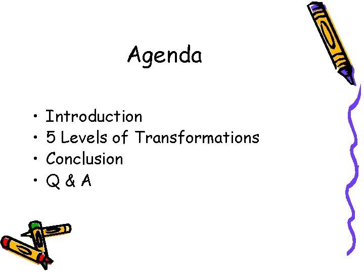 Agenda • • Introduction 5 Levels of Transformations Conclusion Q&A 