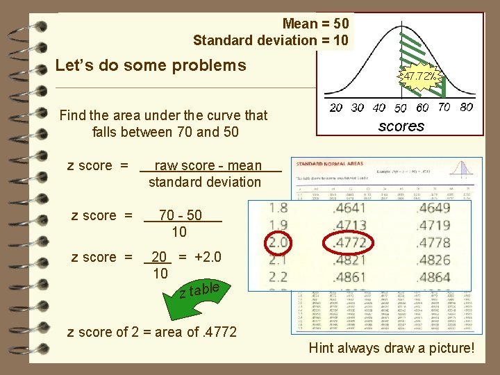 Mean = 50 Standard deviation = 10 Let’s do some problems 47. 72% Find