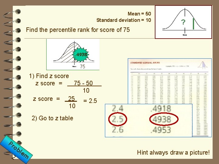 Mean = 50 Standard deviation = 10 ? Find the percentile rank for score