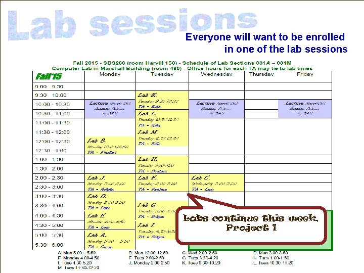 Everyone will want to be enrolled in one of the lab sessions Labs continue