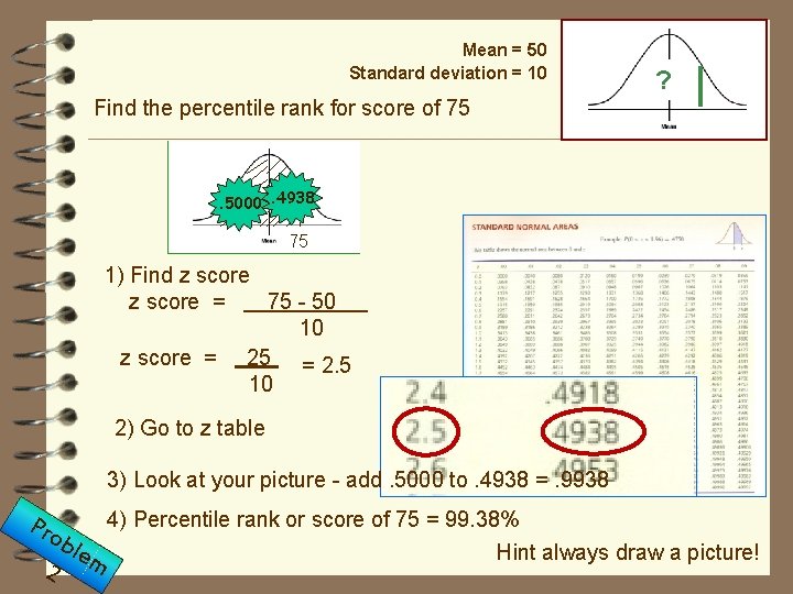 Mean = 50 Standard deviation = 10 ? Find the percentile rank for score