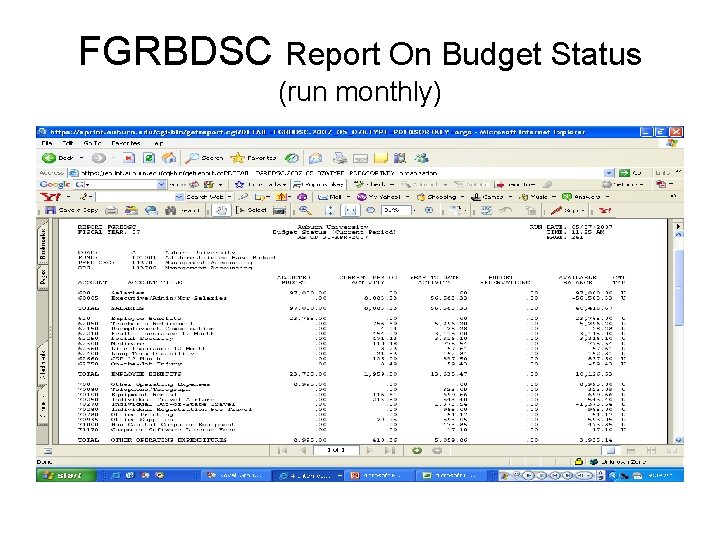 FGRBDSC Report On Budget Status (run monthly) 