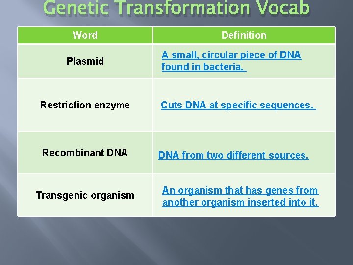 Genetic Transformation Vocab Word Plasmid Definition A small, circular piece of DNA found in