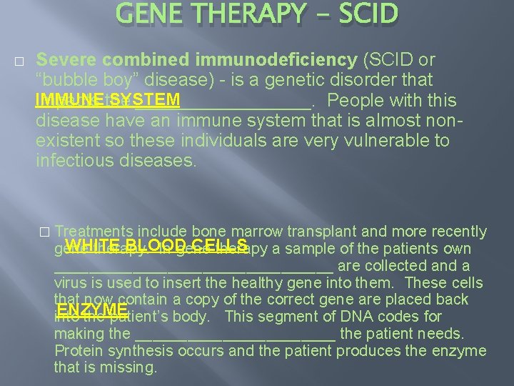GENE THERAPY - SCID � Severe combined immunodeficiency (SCID or “bubble boy” disease) is