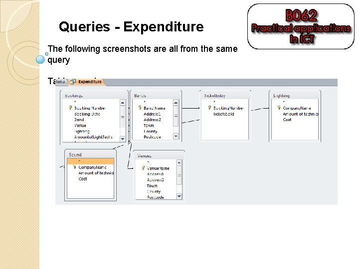 Queries - Expenditure The following screenshots are all from the same query Tables used: