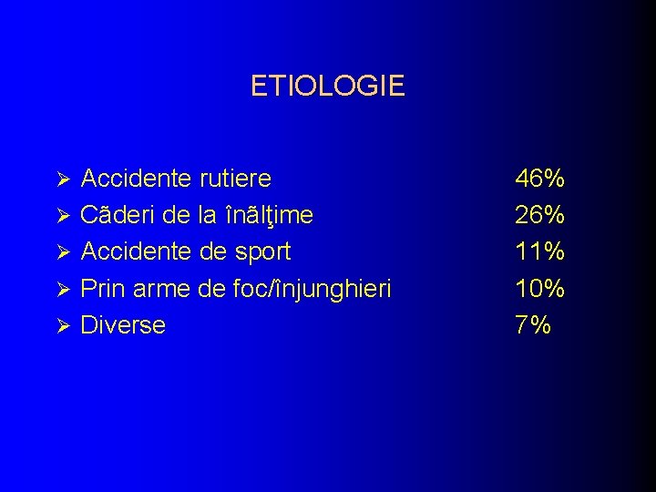 ETIOLOGIE Ø Ø Ø Accidente rutiere Cãderi de la înãlţime Accidente de sport Prin
