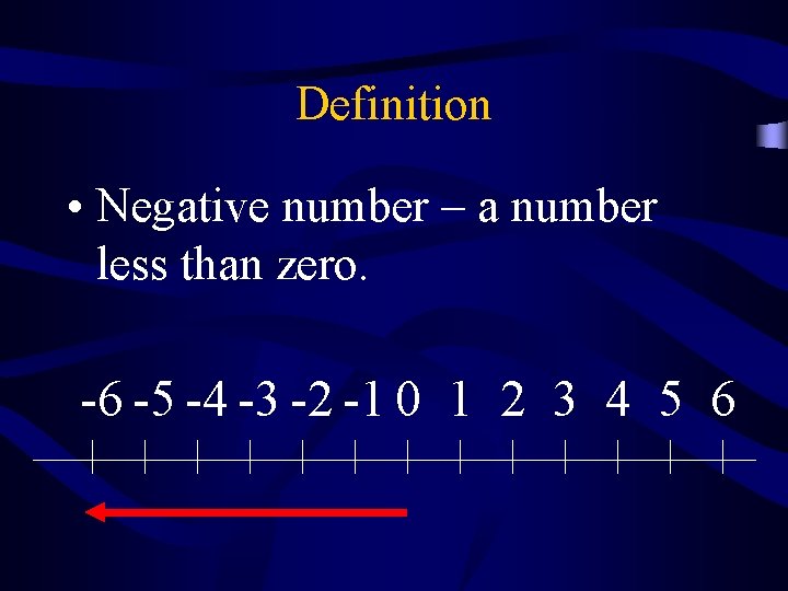 Definition • Negative number – a number less than zero. -6 -5 -4 -3